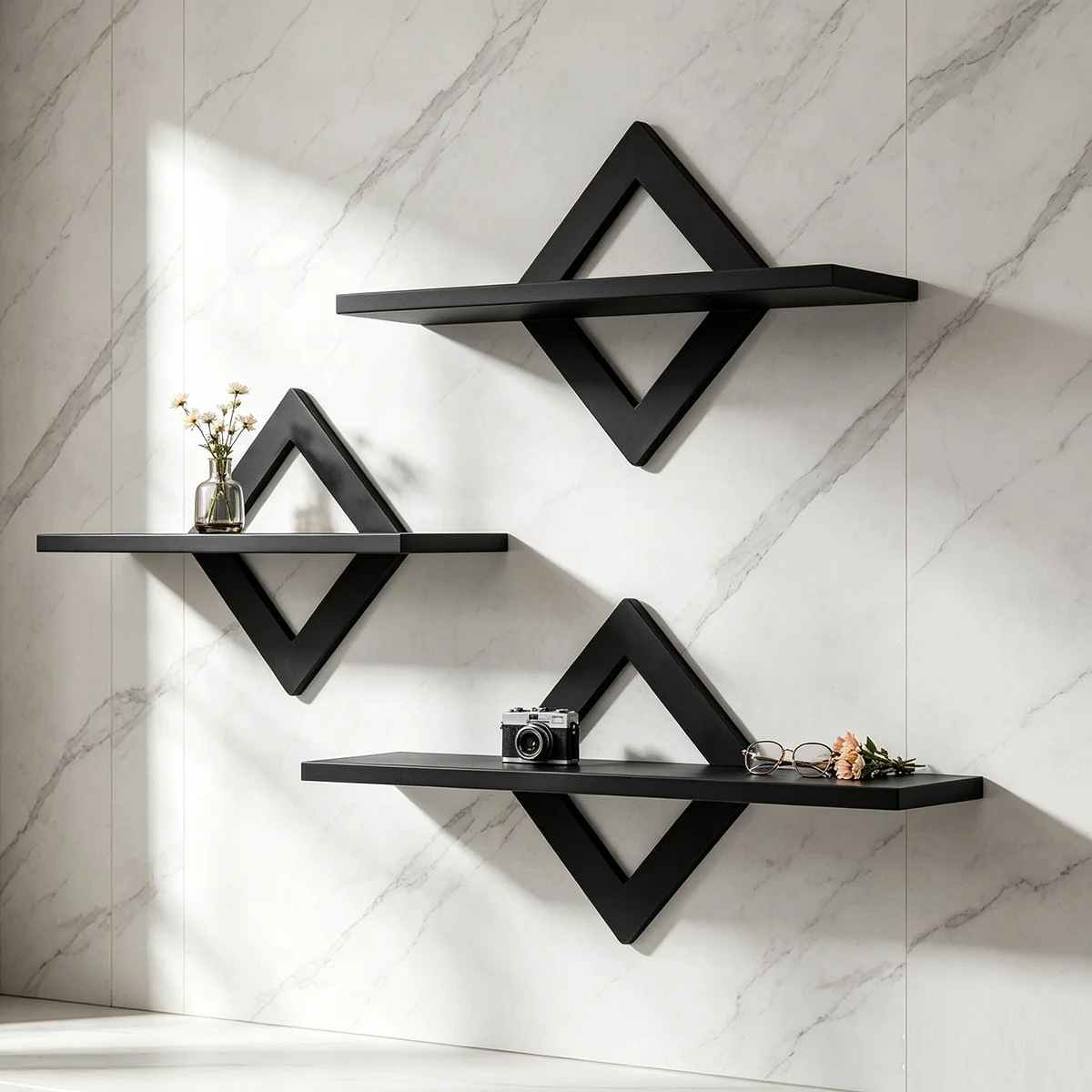 Black Diamond Shape Floating Wall Shelves Set of 3, Modern Geometric Hollow Wall Mounted Display Shelf, Decorative Wall Storage