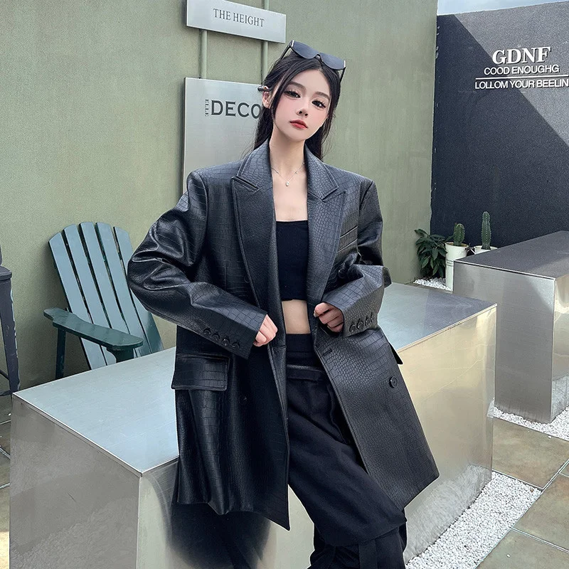 Cappotto blazer in pelle PU nera di alta qualità da donna nuova giacca da abito in ecopelle da donna con temperamento allentato coreano primavera autunno