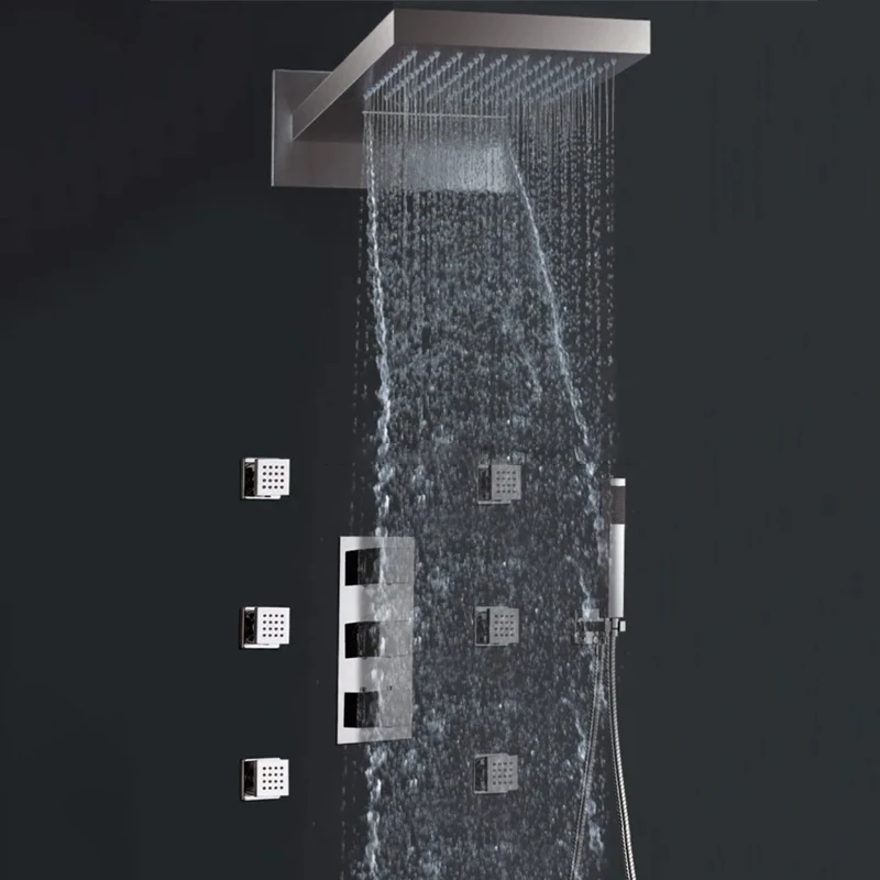 Nordic Rain Modern Thermostatic Waterfall Brushed Rain Overhead Shower Head Rainfall Shower Complete System Set