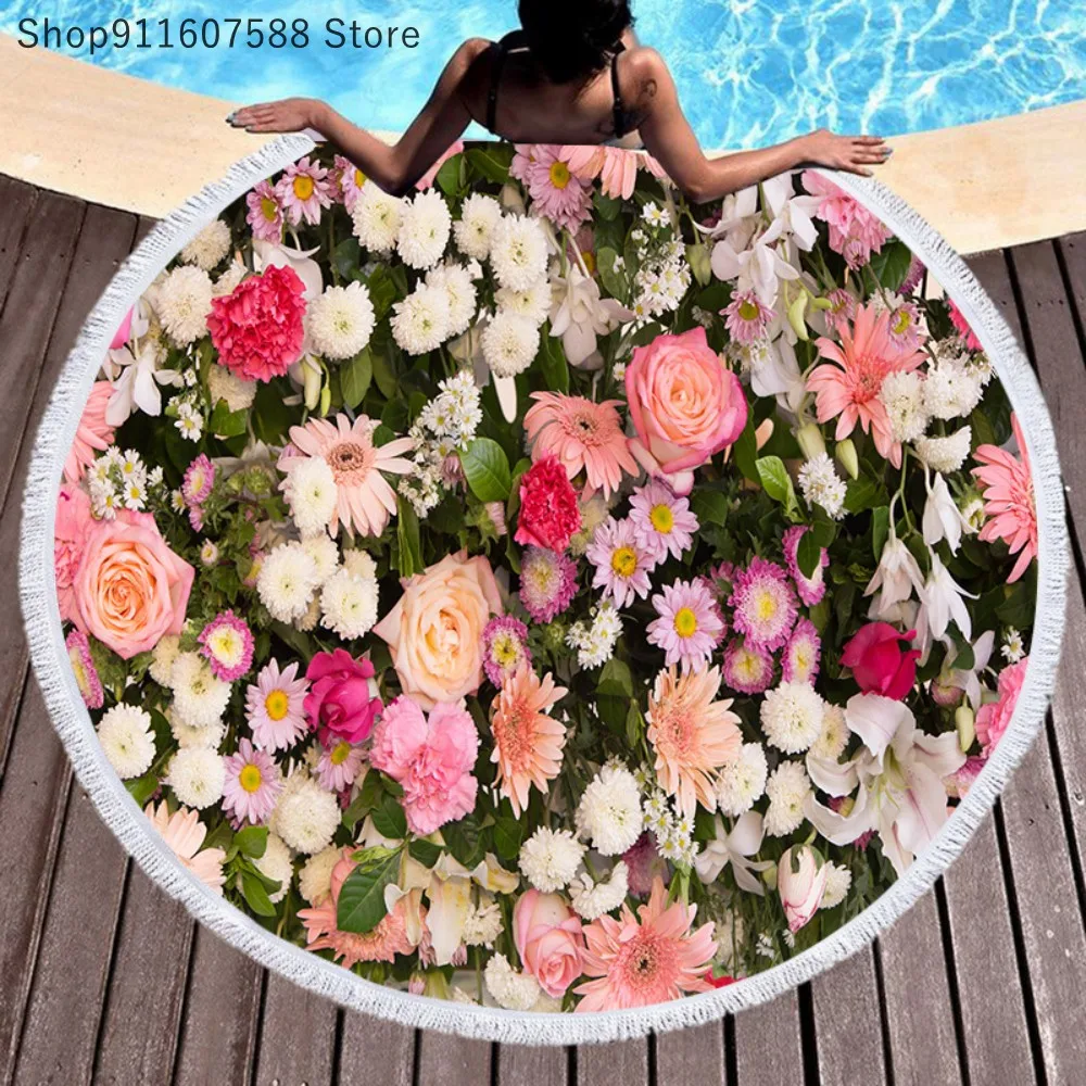 

Custom Flowers Plants Beach Towel Round Beach Towels Microfiber Bath Towel Luxury Blanket Towel for Women Girls Holiday