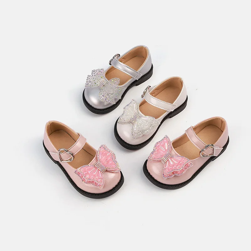 Mumoresip Kids Mary Jane Dress Shoes Sparkly Rhinestone Bow Girls Princess Shoes Non-slip Children Party Wedding Leather Shoes