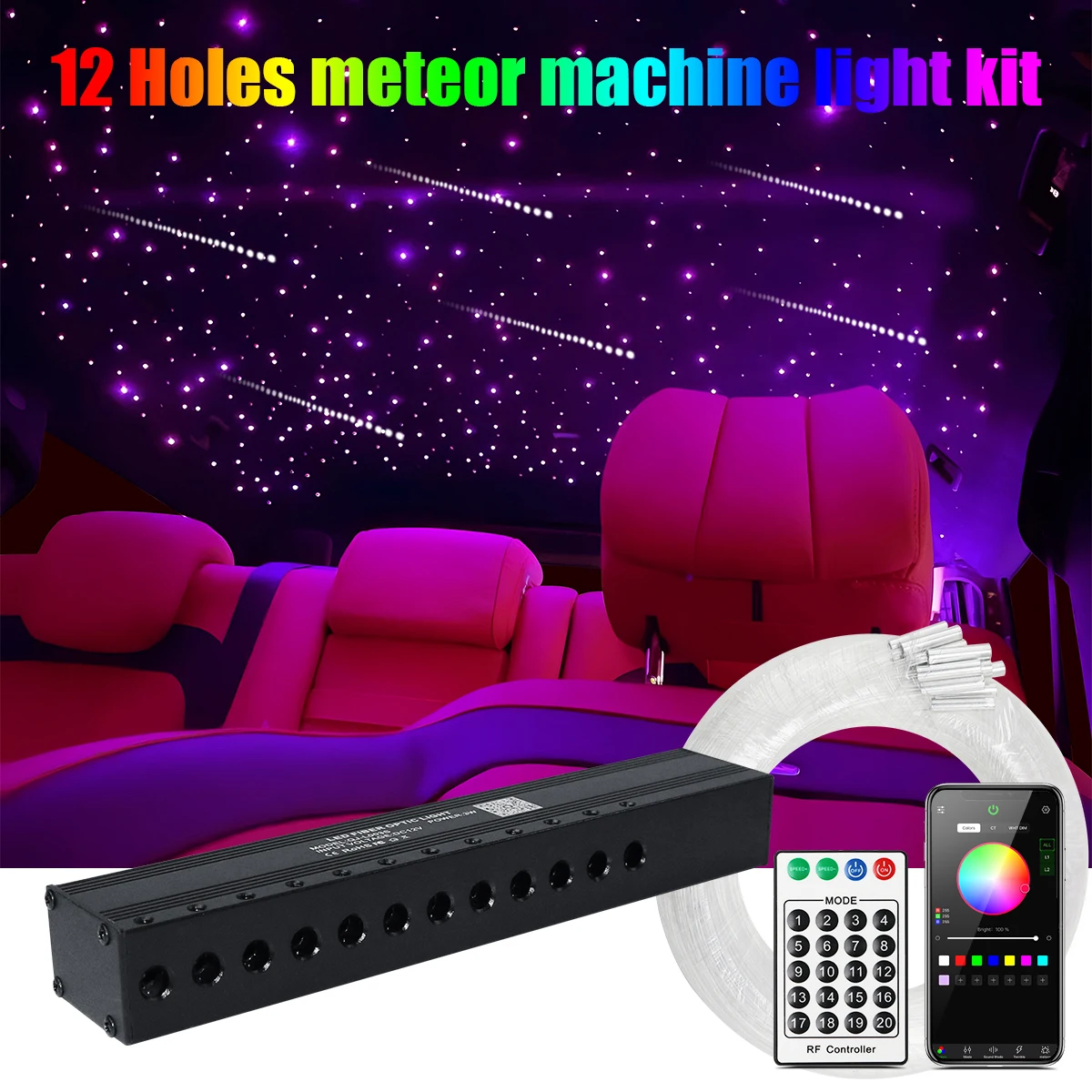 Meteor Effect 3W 12-hole Fiber Kit Light LED Streaming star Engine with RF remote Starry ceiling ambiance light fiber