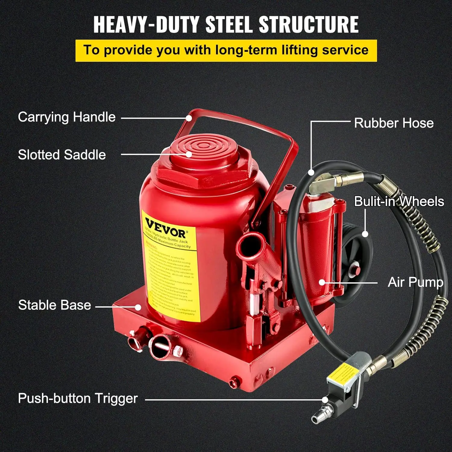 Bottle Jack, 50 Ton/110231lbs Air Hydraulic Bottle Jack, 17" Max Height with Pneumatic & Manual Hand Pump, Rugged Steel