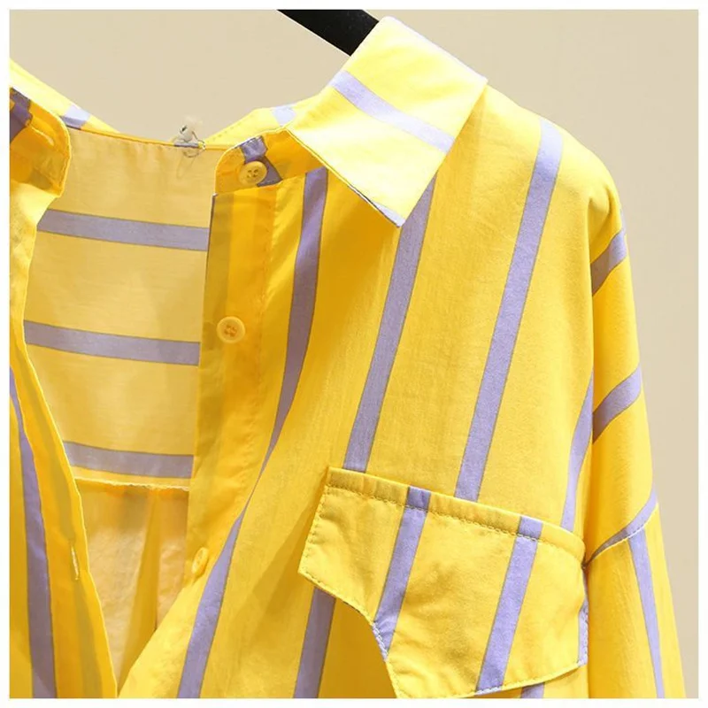 Yellow Striped Shirt Women 2023 Spring Summer Top New Korean Large Size Bat Sleeve Blouse Design Sense Sunscreen Coat Female