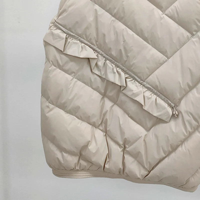 Schinteon 여성용 초경량 화이트 덕 다운 재킷, 스탠드 칼라 러플 패치워크 아웃웨어, 가을 겨울 패션 코트, 2023 신상