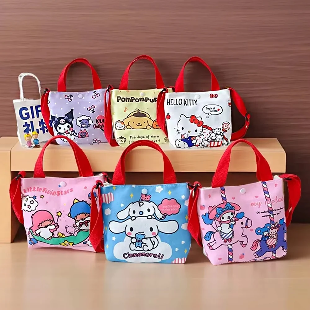 

Kawaii Canvas Bag Cinnamoroll Crossbody Shoulder Hand Bag Cute Cartoon Melody Kuromi Girl Kids Gift