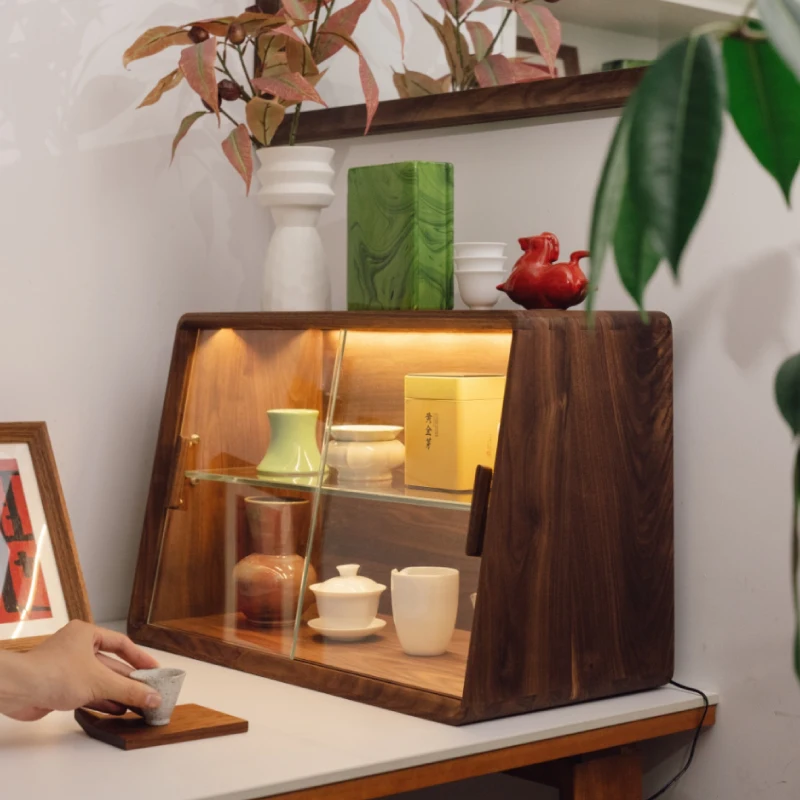Coffee shop solid wood storage cabinet glass door black walnut desktop tableware coffee cup storage display case display case