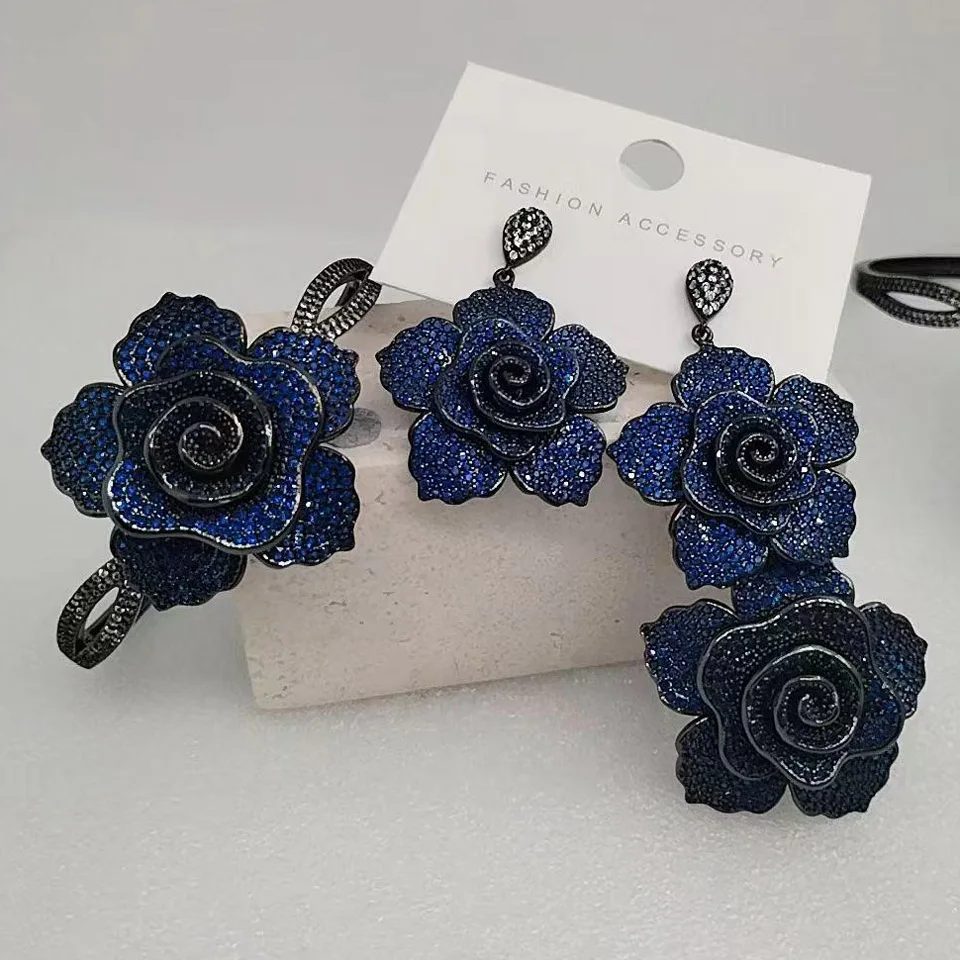 

Zlxgirl Brand rose flower Earring Bangle ring jewelry sets for women wedding bridal bijoux fashion Women's accessory gift