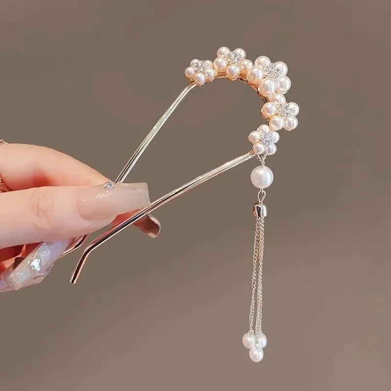 Super Fee Orchidee Perle Quaste U-förmige Haarnadel für Frauen Chinesischen Alten Stil Legierung Verschluss Elegante Hanfu Kopfbedeckung
