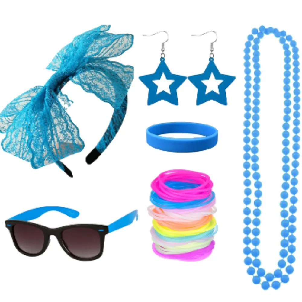 

Halloween Lace Bow Tie Head Button Fluorescent Blue Party Glasses Pentagram Earrings Colorful Bracelet Silicone Bracelet