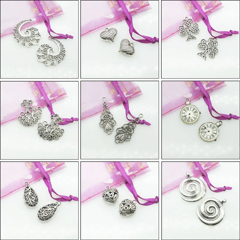 New Retro Heart Teardrop Watch Tree Phoenix Charms Antiqued Silver Plated Pendants For Gifts Jewelry