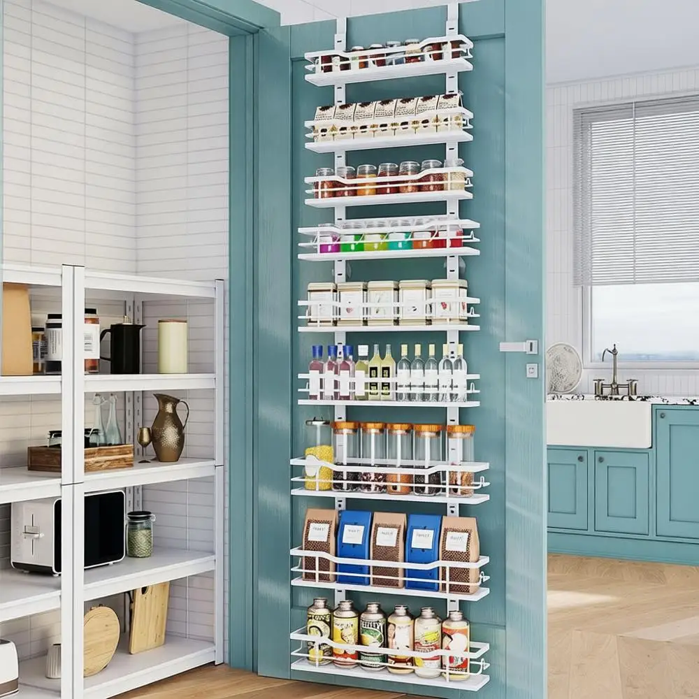 

9-Tier Over The Door Organizer, Adjustable Basket, Metal Hanging Pantry Storage, Kitchen Seasoning Rack