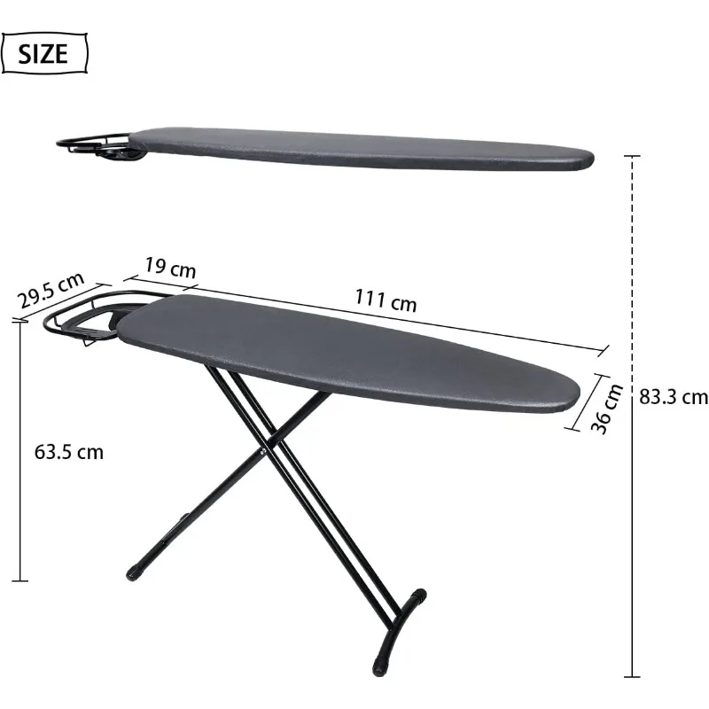 Ironing Board with Retractable and Adjustable Iron Rest, Steel Top 10mm Thicken Felt Pad Heat Resistant Cover, Heavy Duty Legs