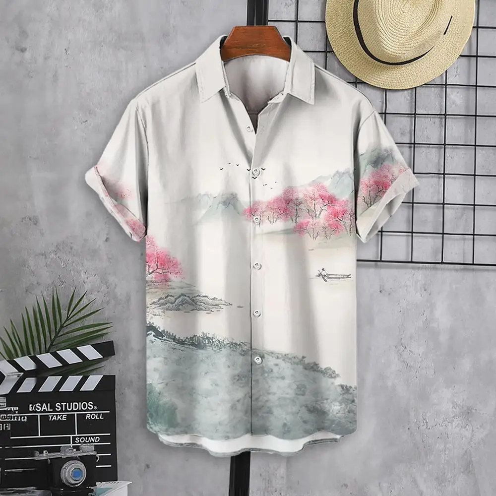 Camisa havaiana masculina de verão, estampada digital, estilo chinês, com flores de ameixa, refrescante camisa casual de manga curta, nova, 2024