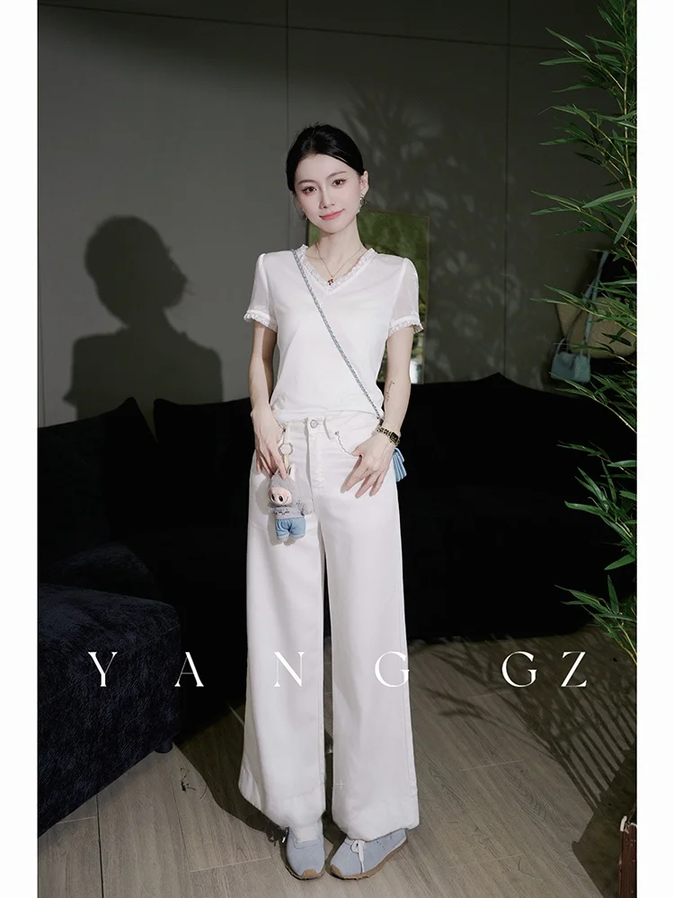 

New Chinese Sle High Waist Wide Leg Pants Nine Points Jeans Women Straight Cut Slimming Trousers Autumn Cotton Blend