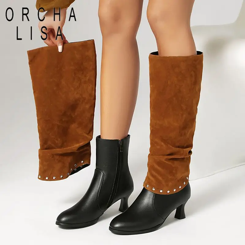 

ORCHA LISA 2025 Женские модные ботинки двойного ношения с круглым носком на каблуке 5,5 см на молнии Большие размеры 40 41 42 43 US9 US12 Коричневый Черный