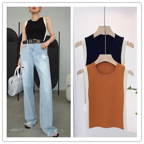 6961 Letnia francuska bluzka bez rękawów z okrągłym dekoltem, blokami kolorów, dopasowanym krojem, wysokim stanem i krótkim krojem dla kobiet