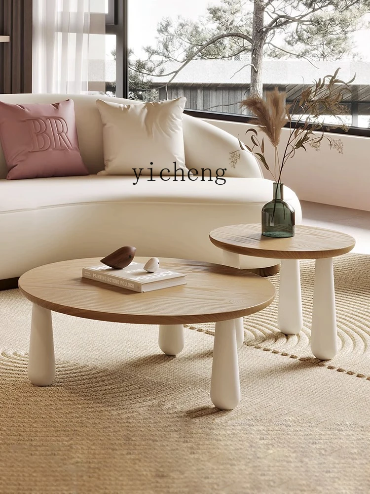 Tqh Cream Style Size round Tea Table Combination Small Apartment Solid Wood Small Tea Table Modern Minimalist