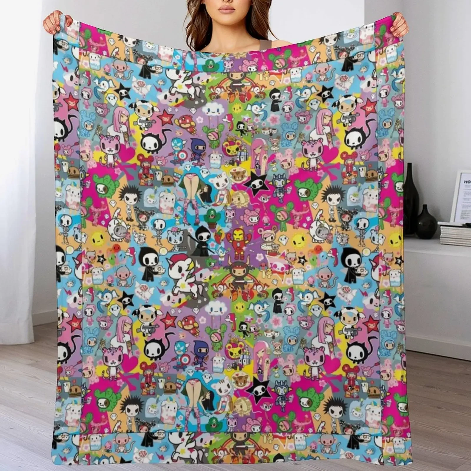 

donutella and his friends unicorns mofia collaboration cartoonss,anime Chibi Throw Blanket Housewarming gift blanket
