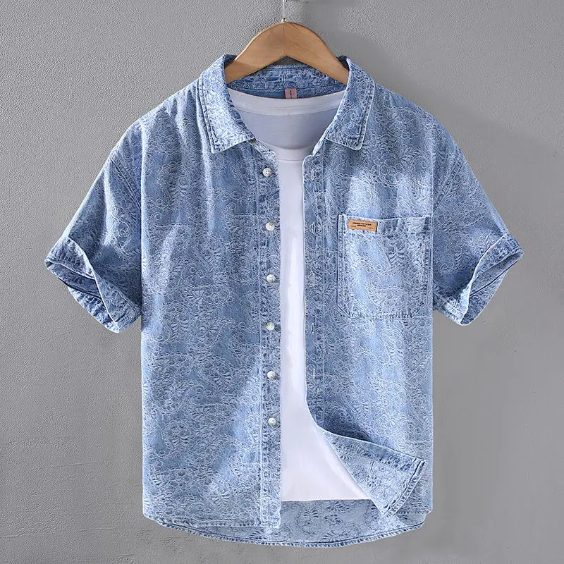 2024 New Summer Japanese Style Lapel Pocket Print High-end Fashion Loose Casual Oversized Versatile Short Sleeved Shirt for Men