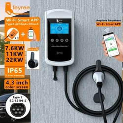 Feyree-cargador EV tipo 2, estación de carga de 32A, 7,6 kW, cargador de coche, 11KW, 22KW, 3 fases, EVSE, Wallbox, pantalla de 4,3 pulgadas, Control inteligente por aplicación