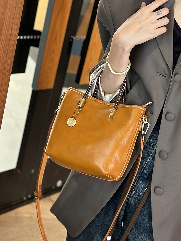 American Vintage High Quality Vegetable Tanned Cowhide Handbag Horizontal Square Large Capacity Leather Shoulder Crossbody Bag