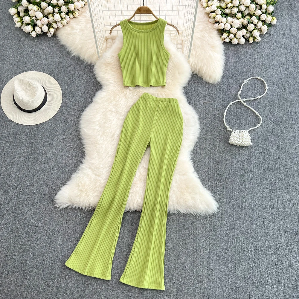 Faionable Svel round Ne Vest And High Waist Slimming Pants Two Piece Set for Young Women Summer Outfit