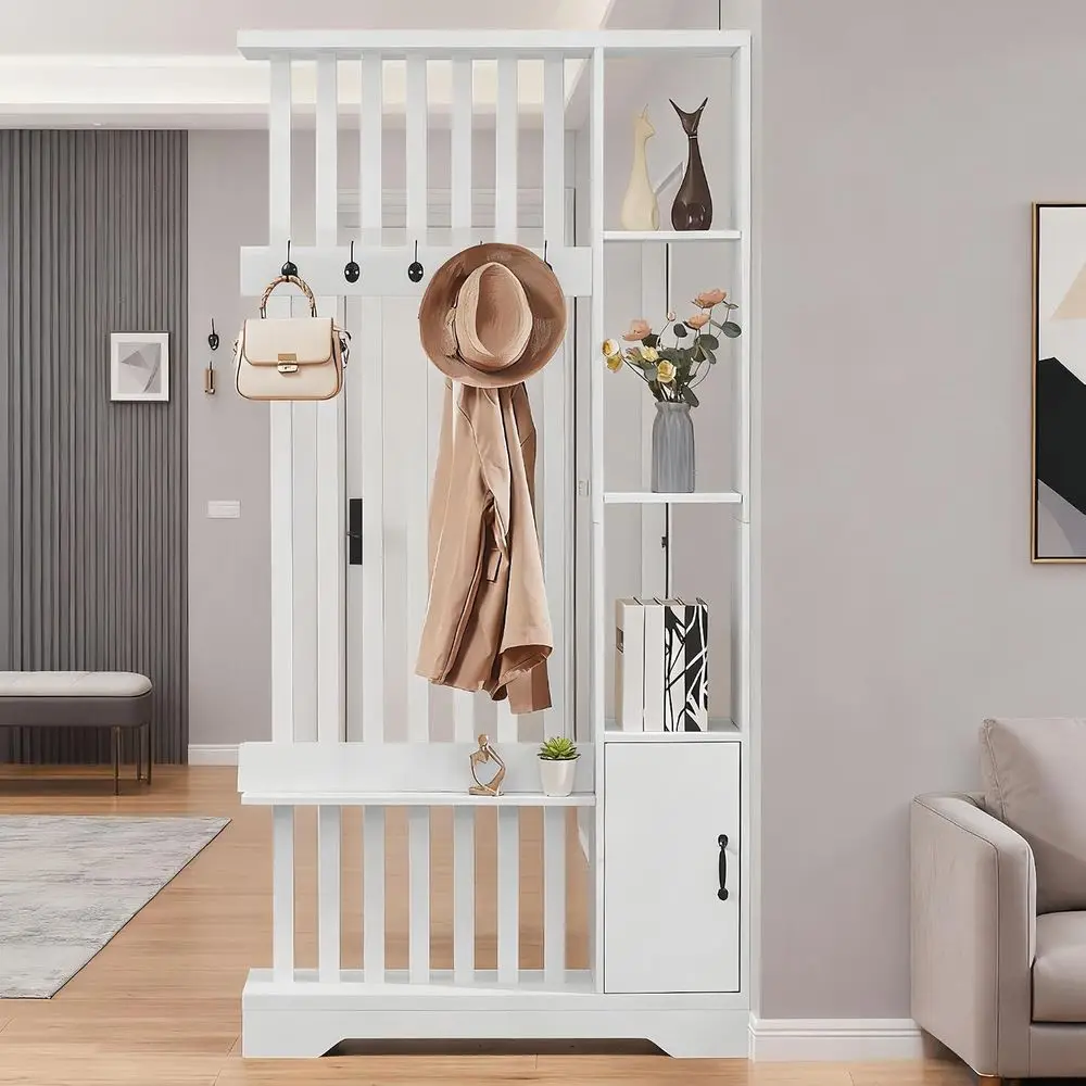 Freestanding Wooden Privacy Screen with Storage, Coat Rack, and Display Shelves for Home or Office in White