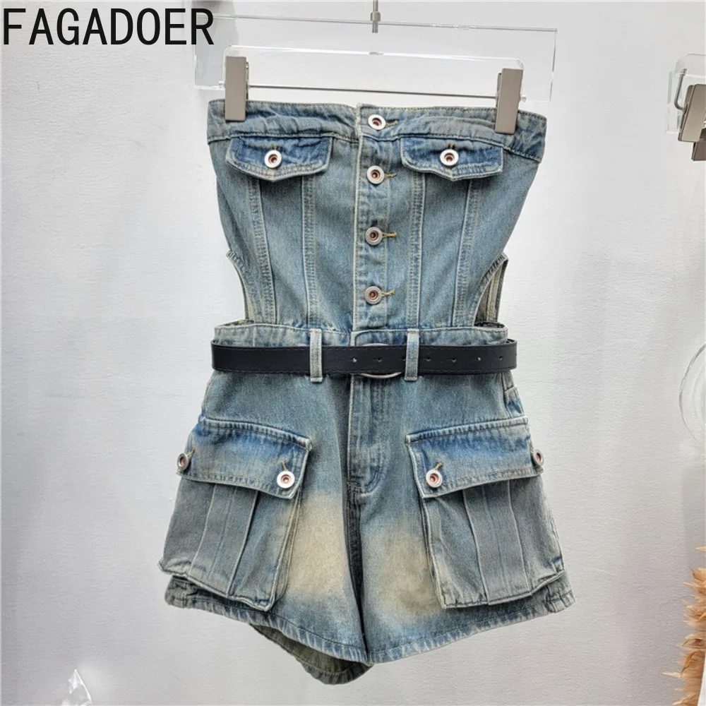 FAGADOER Fashion Hot Girl Streetwear Women Retro Denim Sleeveless Backless Pocket Cargo Tube Rompers Female Jumpsuits With Belt