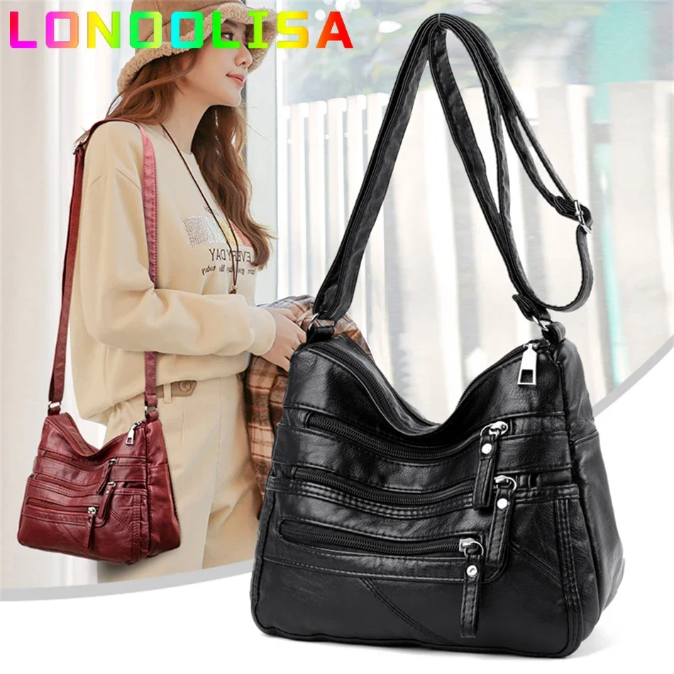 2024 Women\'s Soft Leather Shoulder Bags Multi-Layer Pockets Messenger Crossbody Bag Luxury Designer Female Handbags and Purses