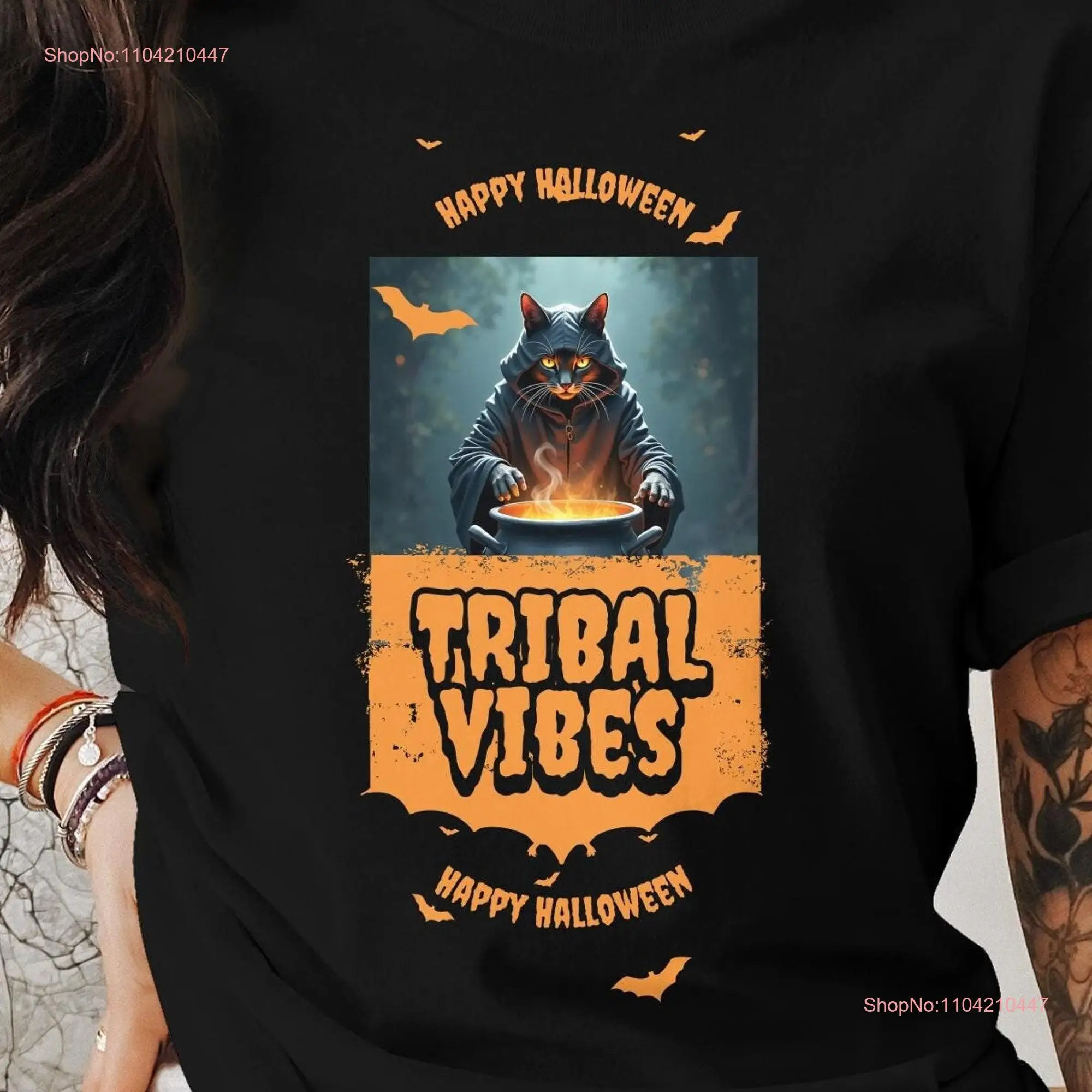 Cat in Cooking Cauldron Tribal Vibes Halloween T Shirt Cool Costume Party for Witch Lovers long or short sleeves