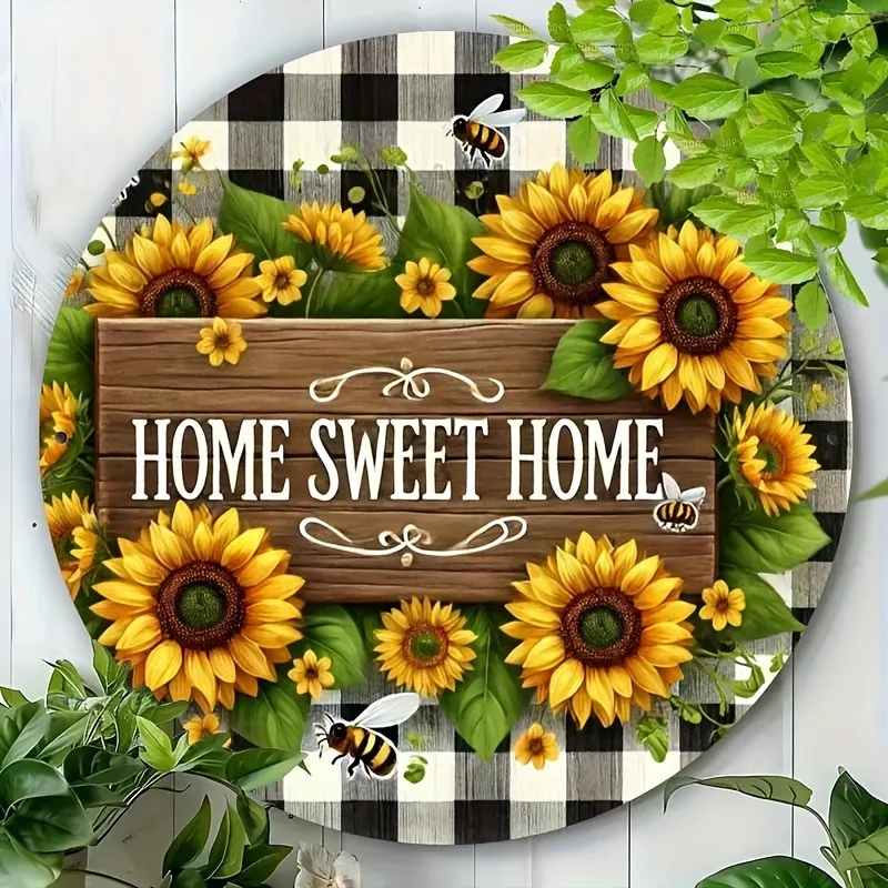 Charming Sunflower & Bee Wooden Sign - 'Sweet Home' Round Plaque, 7.87