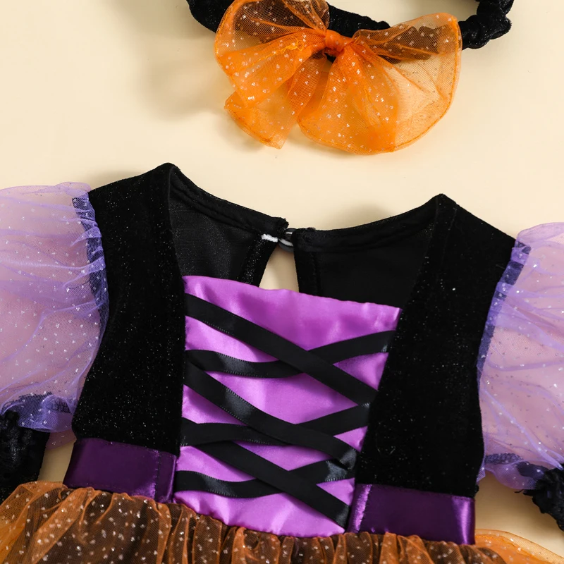 Neugeborenes Baby Mädchen Halloween Hexe Kostüm Outfit Puffärmel Tüll Patchwork Strampler Kleid mit Stirnband Halloween Kleidung