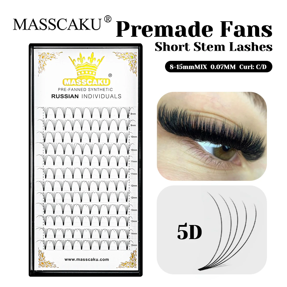 

MASSCAKU 12 Rows Matte Black Short Stem Premade Fans Lash 3D Effect Multi-texture Synthetic Hair Russian Volume Eyelash Supplies