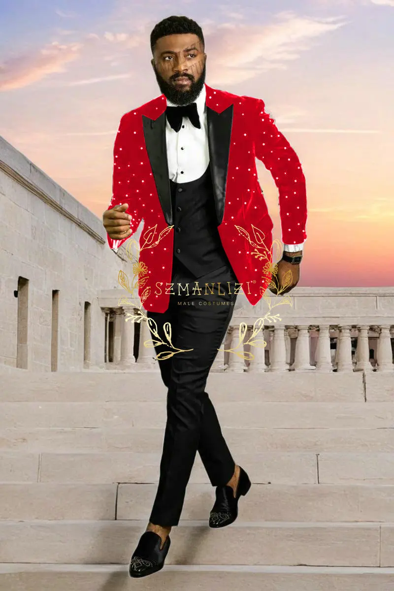 Luxury Beading Burgundy Velvet Men Suits Homme Groom Tuxedos Wedding Party Terno Masculino Slim Fit 3 Pieces Jacket Vest Pants