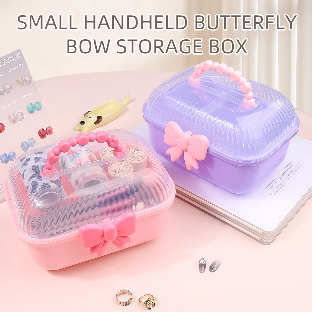 1Pc Double Layer Bow Plastic Nail Brush Tie Hairpin Storage Jewelry Children\'s Hair Accessories Organizer Portable Nail Tool Box