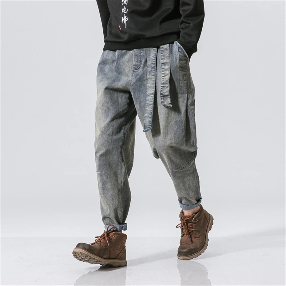 

Vintage Denim Pants Men Streetwear Harajuku Jeans Belt Design Fashion Solid Color Jeans Elastic Waist Trousers US Size Clothes