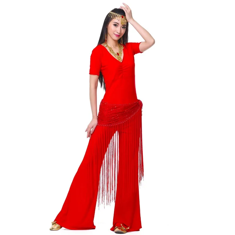 

customized Mid wrinkled semi transparent yarn short sleeved belly dance costumes practice clothes set top+pants+waist chain