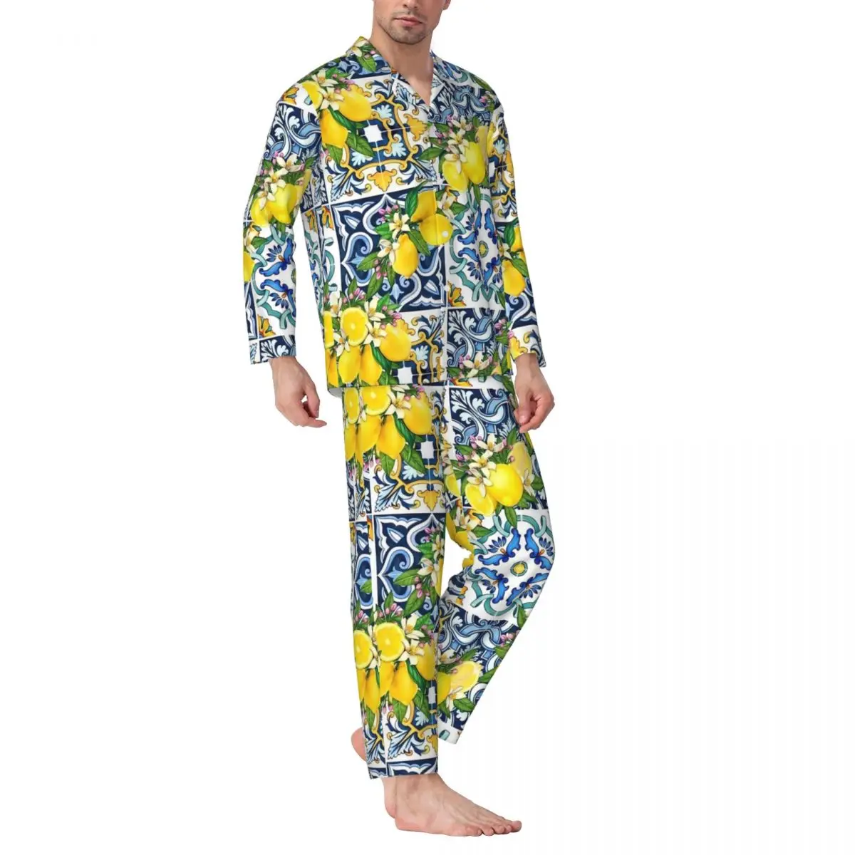 Vintage Sicilian Tiles With Citrus Lemon Pajamas Set Spring Comfortable Sleep Sleepwear Men Two Piece Casual Oversize Nightwear