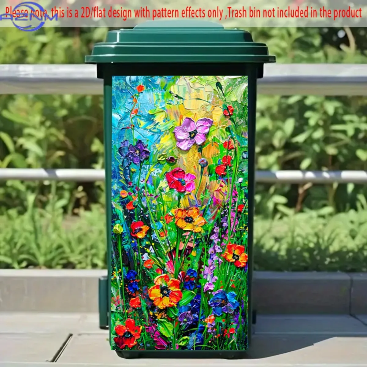 Colorful Impasto - Style Flower Field Self - Adhesive Dustbin Stickers, Durable, Removable, PVC Decorative Stickers, Wheelie B