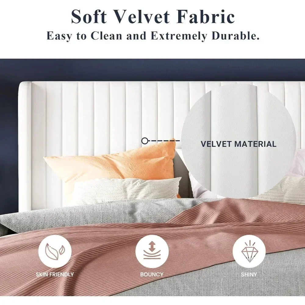 Bed Bases,King Size Velvet Bed Frame/Vertical Channel Tufted Wingback Headboard/No Box Spring Needed Platform Bed Bases image 4