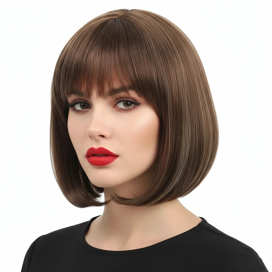 

Synthetic Short Bob Wig Mixed Brown Wig with Bangs for Women Daily Party Wear Fake Hair Heat Resistant Fiber