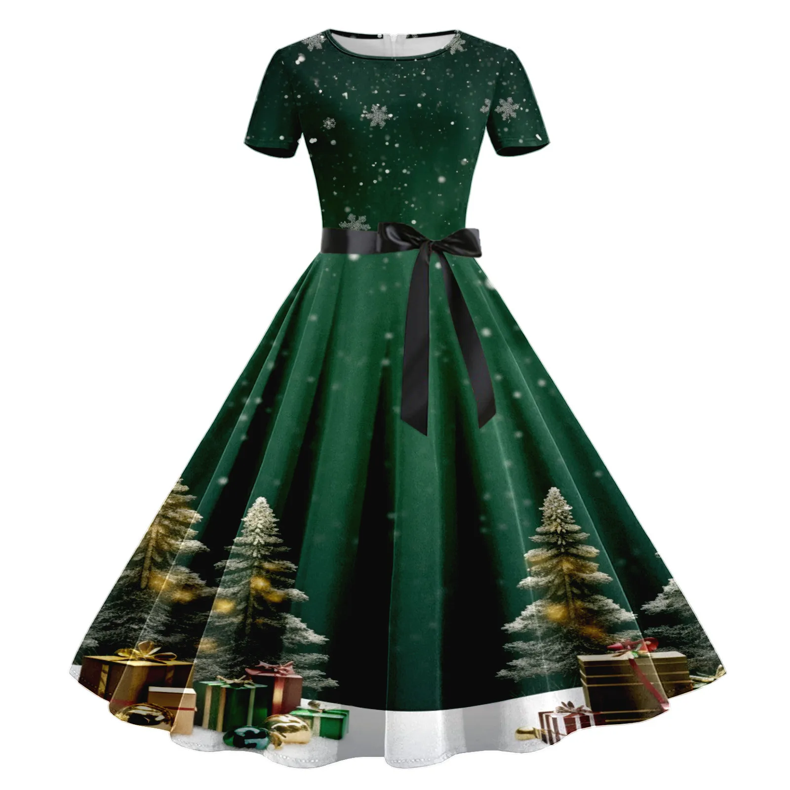 

Women's Fashion Christmas Print Dress Ladies Winter Casual Slim Short-Sleeved Dresses Female Lace Splicing Hepburn Prom Dress