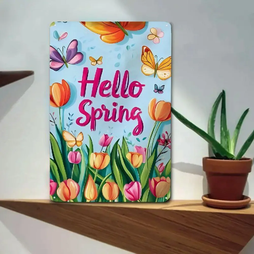 Vintage Hello Spring Daisy Butterfly Metal Tin Sign 12x8Inch Waterproof Indoor Outdoor Home Easter Party Bar Cafe Decor