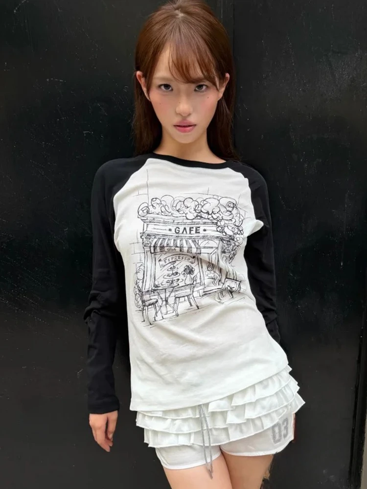 Tonngirls Y2k Ästhetisches T-Shirt für Damen, Patchwork, Langarm, Bedruckte Grafik-Oberteile, Amerikanisches Retro-Vintage-Oberteil, Streetwear-T-Shirt – Detail 4