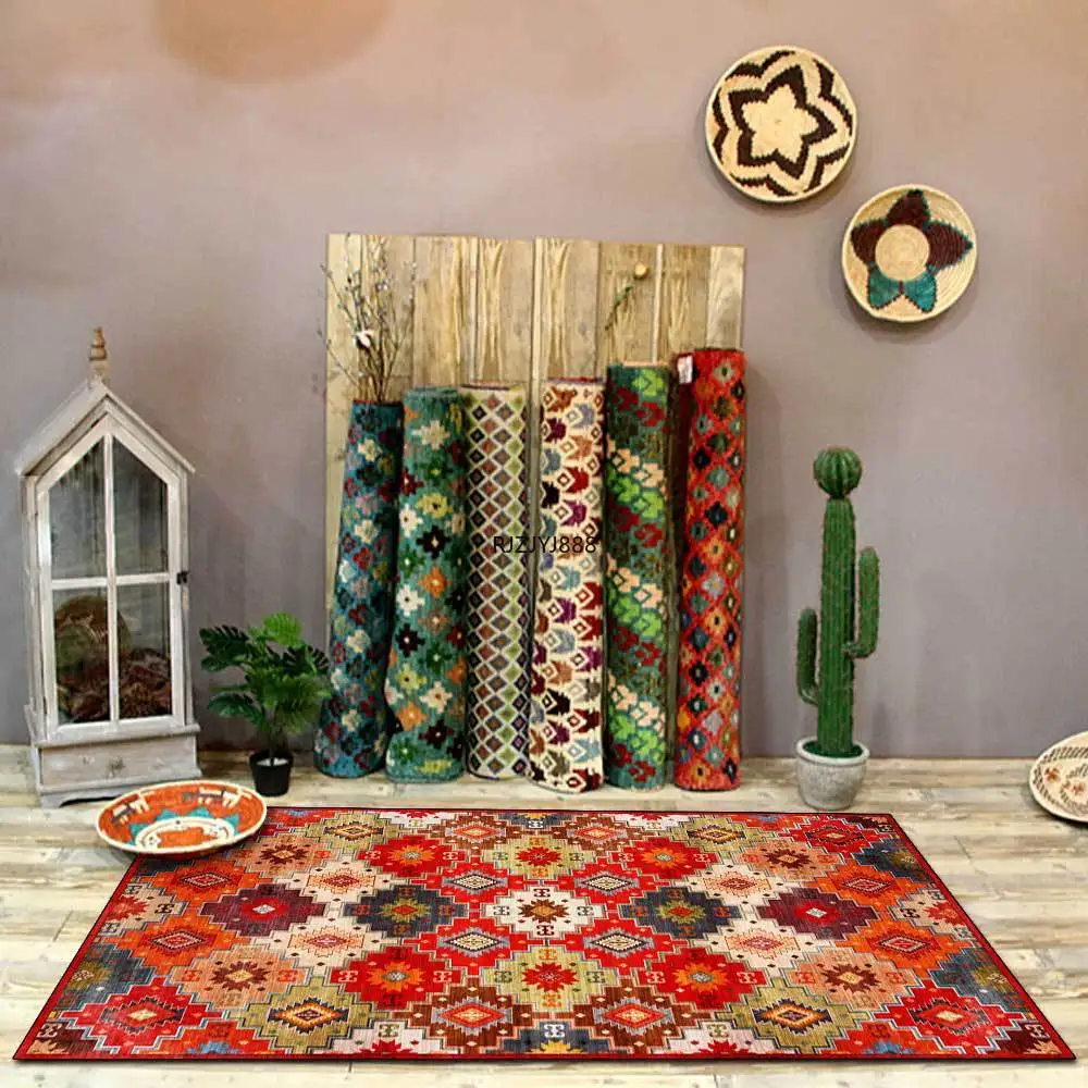 2022 New Bohemian Rhombus Geometric Stitching Ethnic Red Living Room Bedroom Bedside Carpet Floor Mat  Hogar Práctico