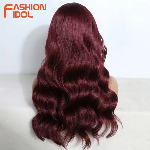 Imagen 2 del producto FASHION IDOL Pelucas sintéticas con encaje frontal de 22 pulgadas/55 cm, onduladas, rubias ombré, rojo vino, con flequillo, para cosplay, para mujer