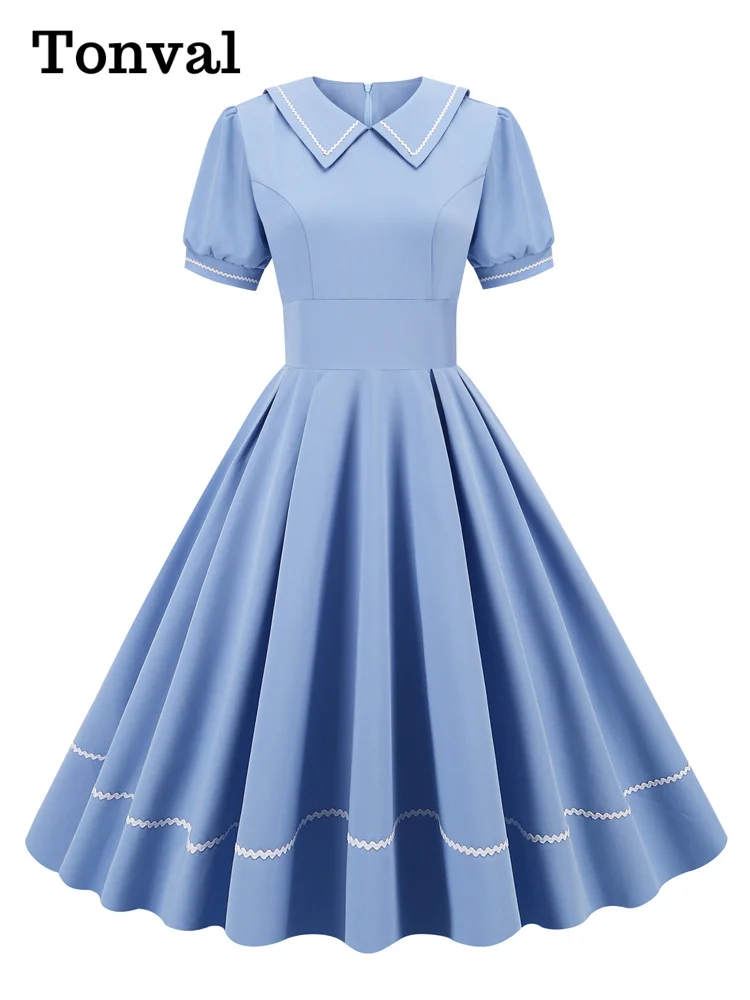 Tonval Sailor Collar Short Sleeve Vintage Style High Waist Swing Dresses Elegant for Women Blue Evening Gowns Pleated Dress