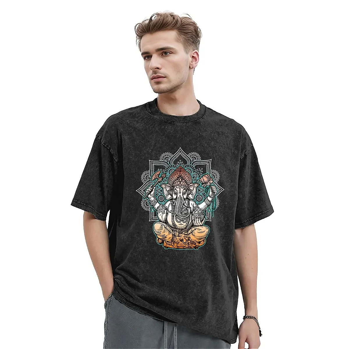 Oversized Washed T-Shirt Ganesha Cotton T-Shirts Hindu God  lotus flower Fashion Tshirt for Man Summer Y2K Retro Print Top Tees