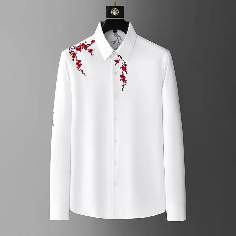 Flower Print Shirt Mens Casual Shirts Streetwear Italy Social Smoking Men's Clothing Slim Shirt 2025 Herfst Long Mouwen